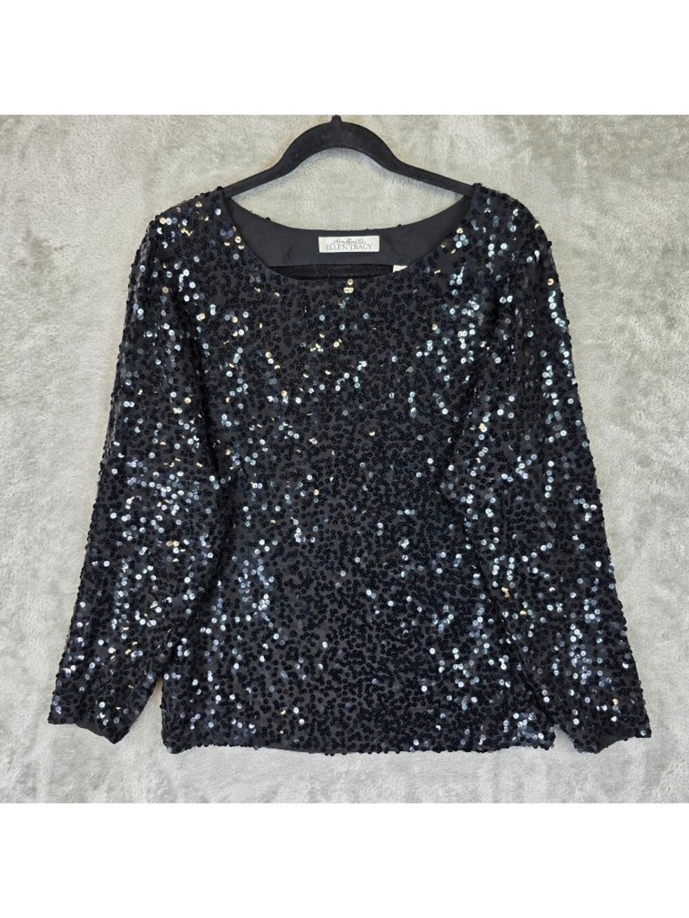 Vintage Ellen Tracy Blouse Womens 10 Black Long Sleeve 100% Silk Sequin Party